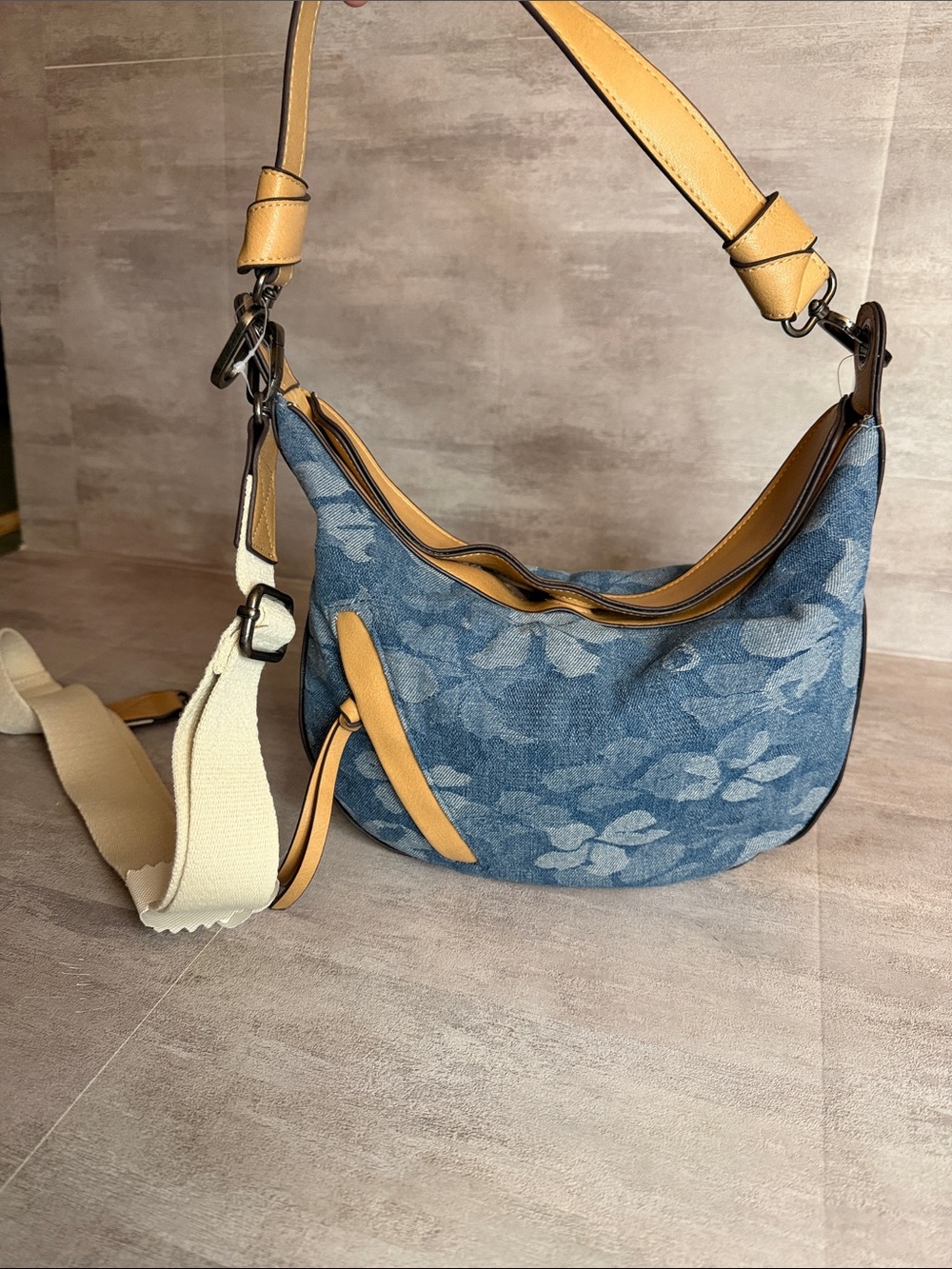 NWT- Blue Floral Denim Hobo Bag with Tan Trim/ 2 straps